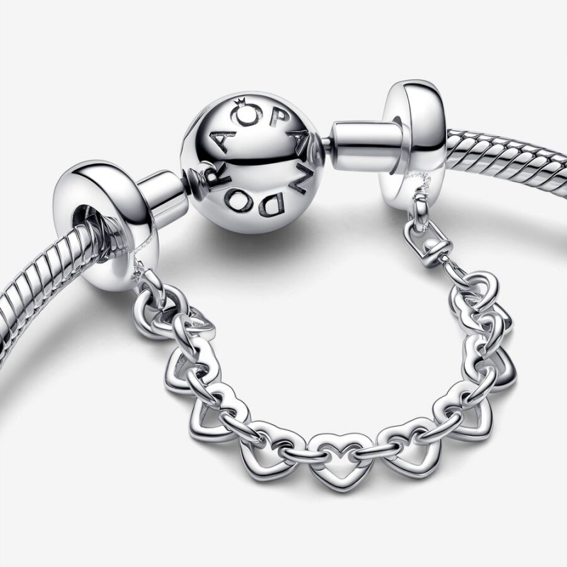 Sterling silver Pandora Linked Hearts Safety Chains | IDNCEJ-347