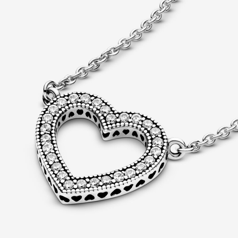 Sterling silver Pandora Loving Hearts of with Clear CZ Chain Necklaces | CFLVHU-159