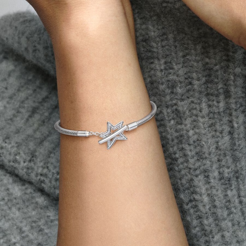 Sterling silver Pandora Moments Asymmetric Star T-bar Snake Charm Bracelets | HQFCZK-542