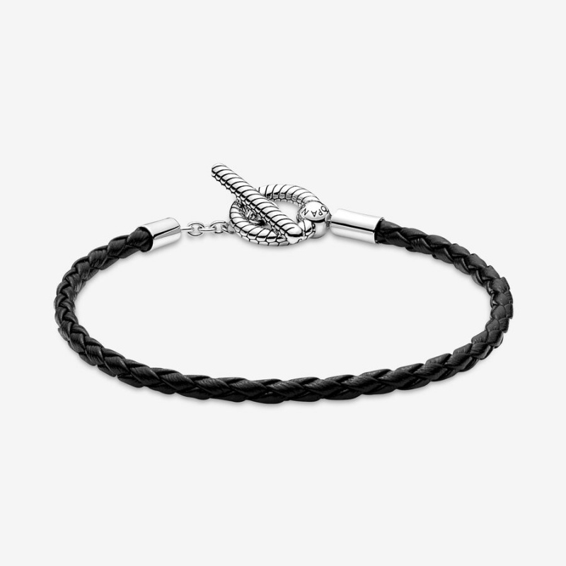 Sterling silver Pandora Moments Braided T-bar Leather Bracelets | DTCFVL-516