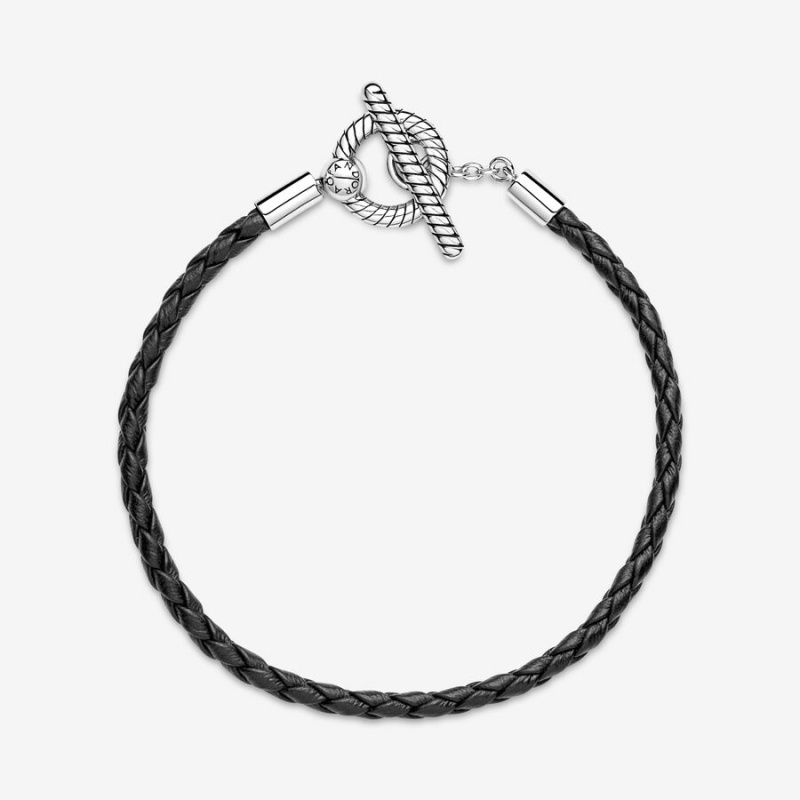 Sterling silver Pandora Moments Braided T-bar Leather Bracelets | DTCFVL-516