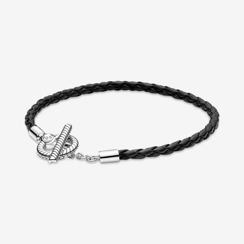 Sterling silver Pandora Moments Braided T-bar Leather Bracelets | DTCFVL-516