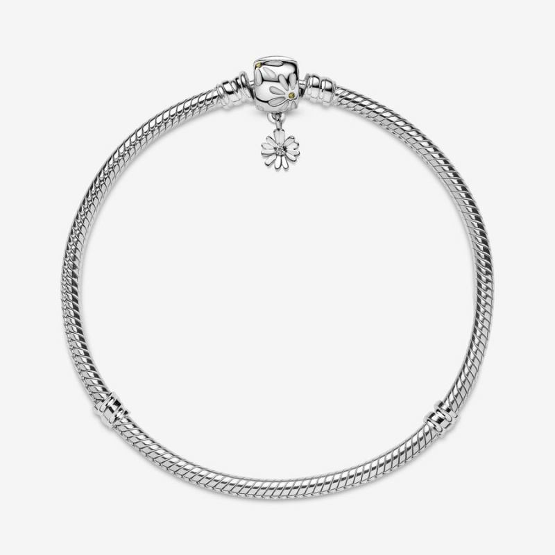 Sterling silver Pandora Moments Daisy Flower Clasp Snake Charm Bracelets | CVQLDT-537