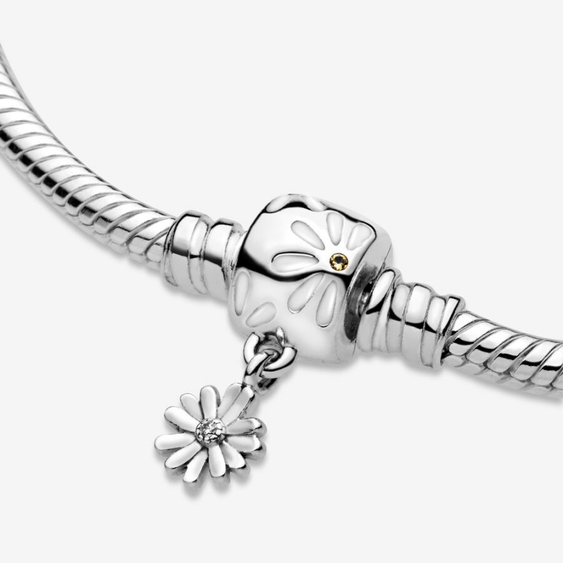 Sterling silver Pandora Moments Daisy Flower Clasp Snake Charm Bracelets | CVQLDT-537