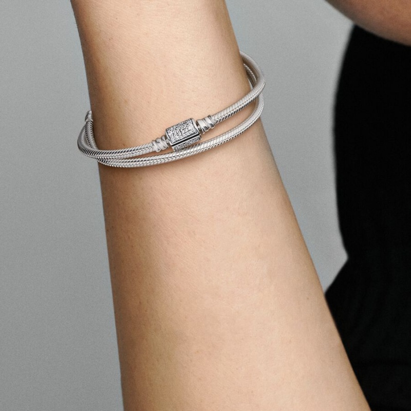 Sterling silver Pandora Moments Double Wrap Barrel Clasp Snake Chain Bracelets | GIRFAS-835