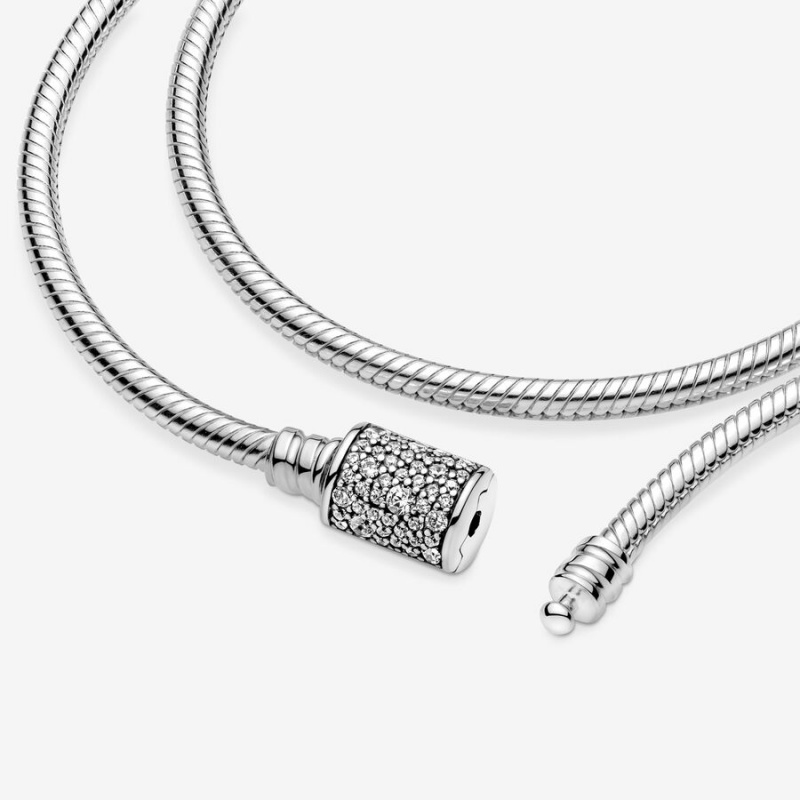 Sterling silver Pandora Moments Double Wrap Barrel Clasp Snake Chain Bracelets | GIRFAS-835