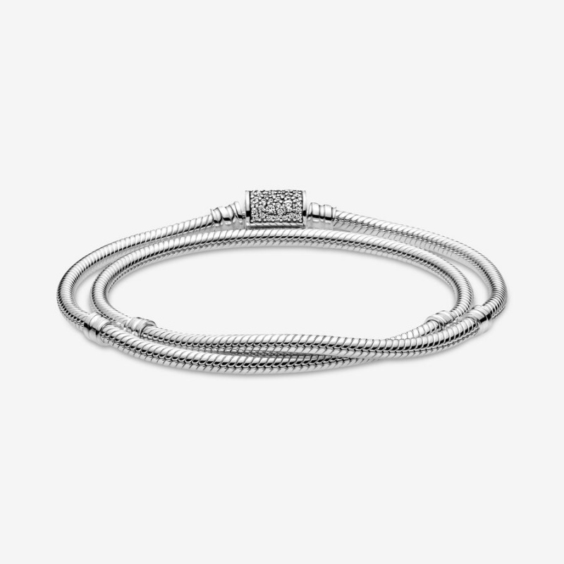 Sterling silver Pandora Moments Double Wrap Barrel Clasp Snake Chain Bracelets | GIRFAS-835