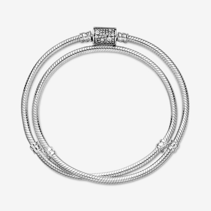 Sterling silver Pandora Moments Double Wrap Barrel Clasp Snake Chain Necklaces | NAMPRT-269