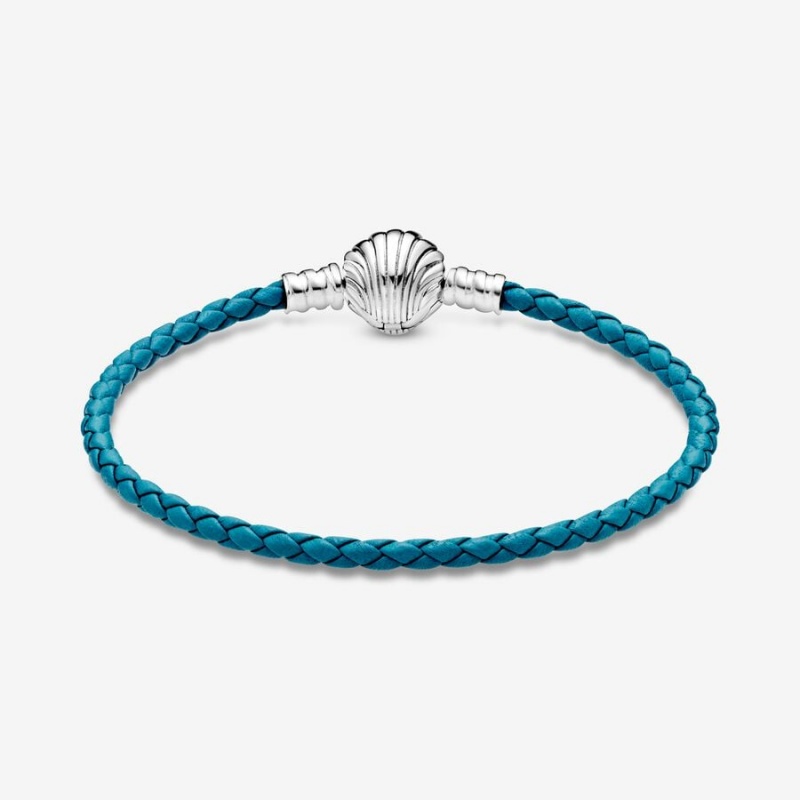 Sterling silver Pandora Moments Seashell Clasp Turquoise Braided Leather Bracelets | BAYHPM-206