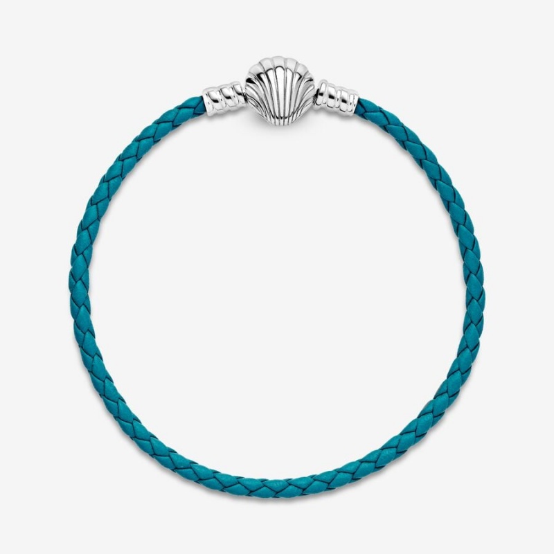 Sterling silver Pandora Moments Seashell Clasp Turquoise Braided Leather Bracelets | BAYHPM-206