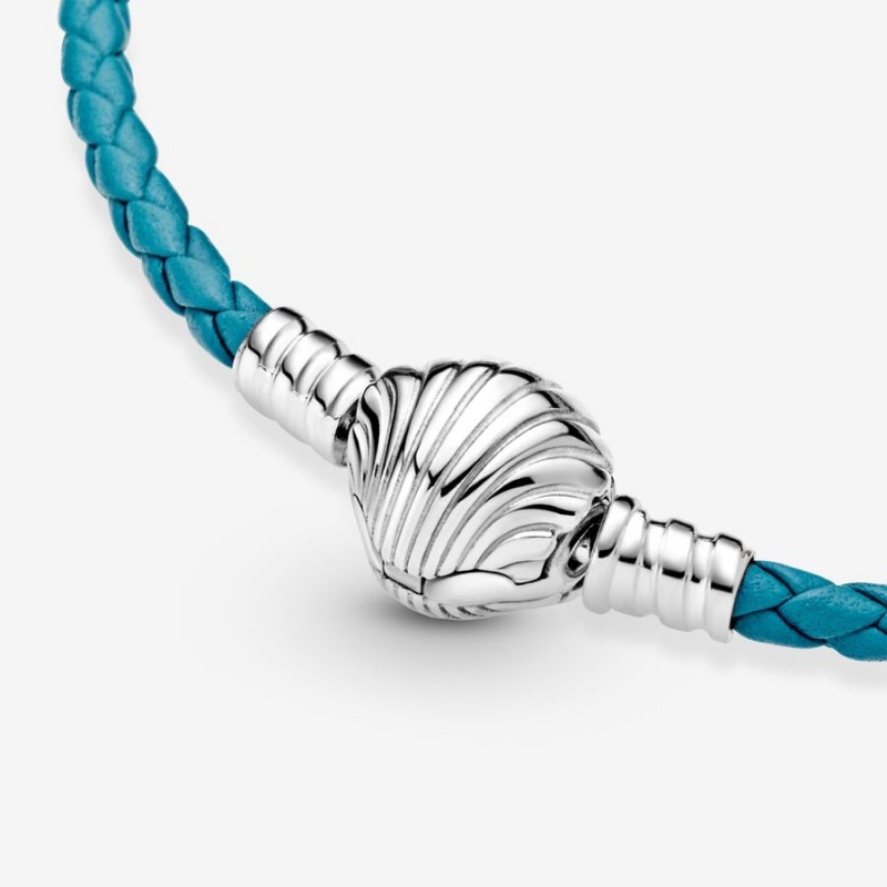 Sterling silver Pandora Moments Seashell Clasp Turquoise Braided Leather Bracelets | BAYHPM-206