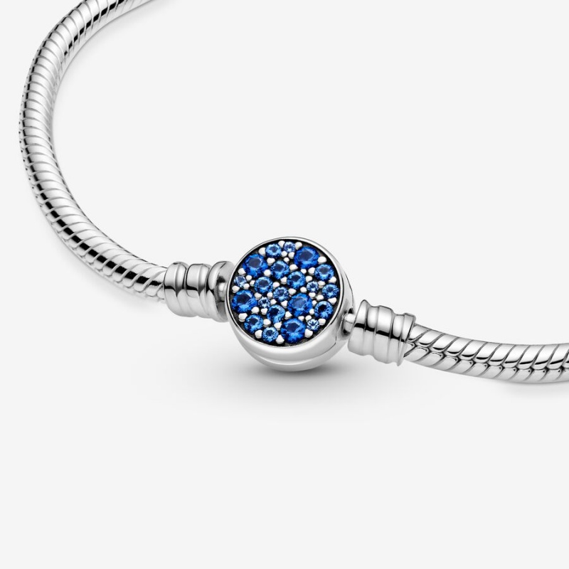 Sterling silver Pandora Moments Sparkling Blue Disc Clasp Snake Chain Bracelets | HEKQBA-472