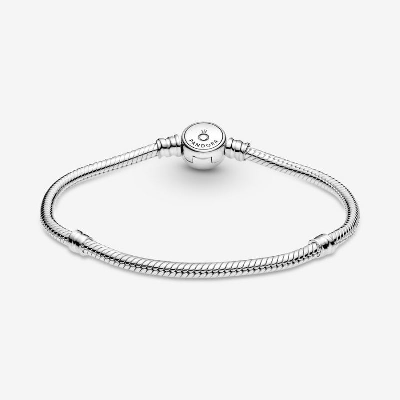 Sterling silver Pandora Moments Sparkling Blue Disc Clasp Snake Chain Bracelets | HEKQBA-472