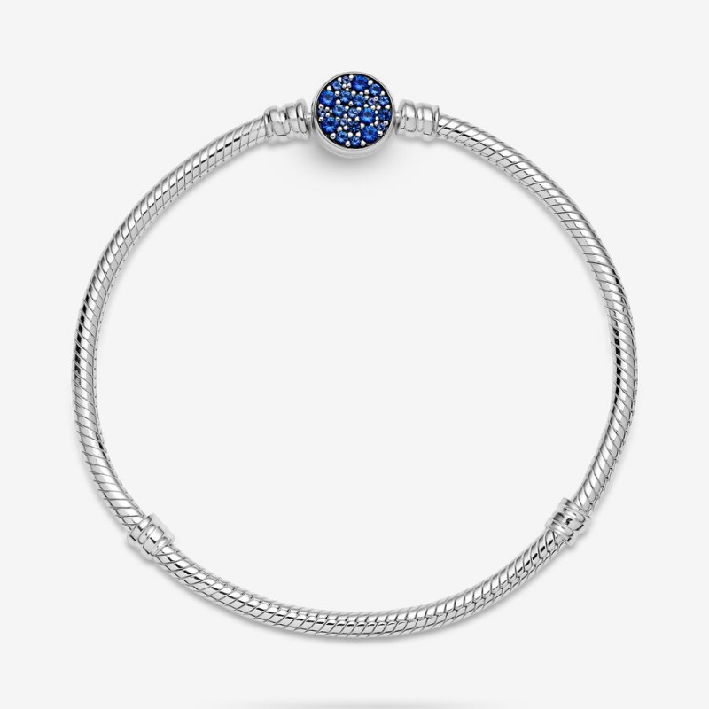 Sterling silver Pandora Moments Sparkling Blue Disc Clasp Snake Chain Bracelets | HEKQBA-472