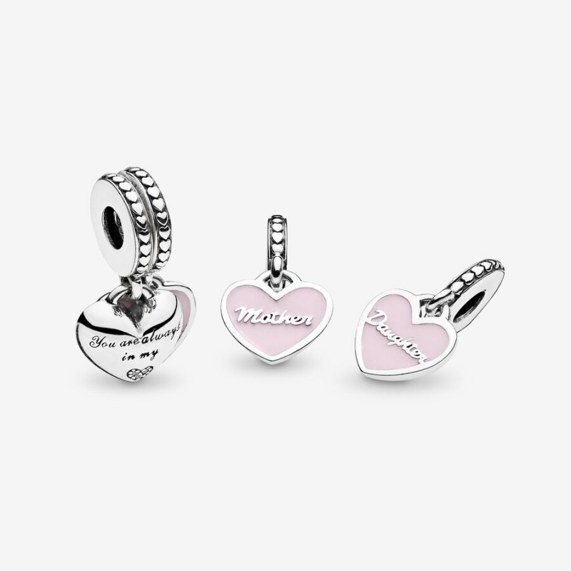 Sterling silver Pandora Mother & Daughter Hearts with Clear CZ Dangle Charms | DIGVCA-983