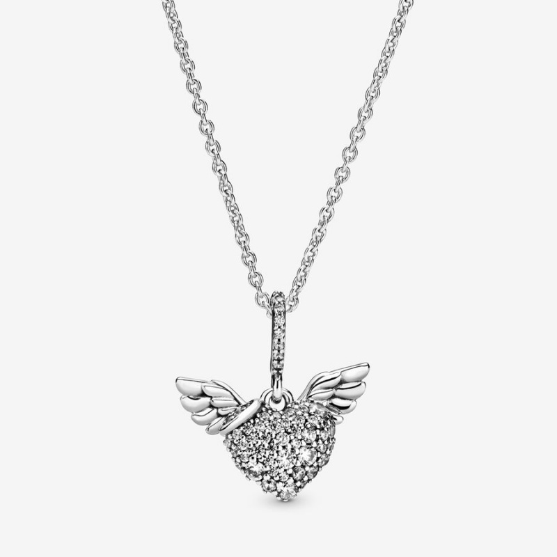 Sterling silver Pandora Pave Angel Wings Pendant Necklaces | HGUMWV-710