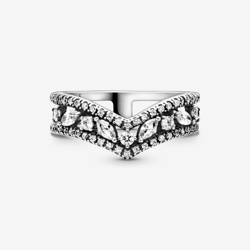 Sterling silver Pandora Sparkling Marquise Double Wishbone Statement Rings | WJQGMH-421