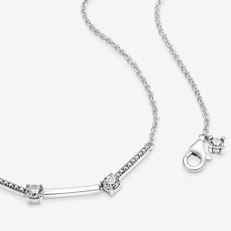 Sterling silver Pandora Sparkling Pave Collier Bars Chain Necklaces | BAXZYJ-125