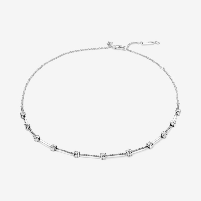 Sterling silver Pandora Sparkling Pave Collier Bars Chain Necklaces | BAXZYJ-125