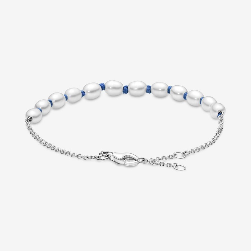 Sterling silver Pandora Treated Freshwater Cultured Pearl Blue Cord Non-charm Bracelets | YPSUER-729