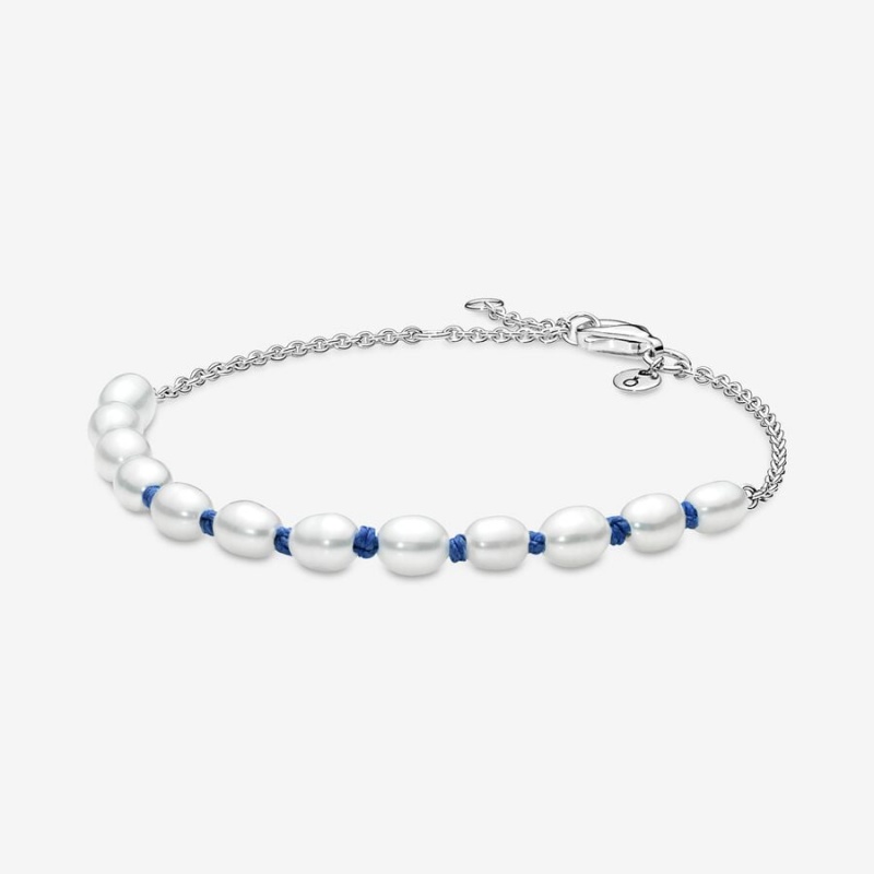 Sterling silver Pandora Treated Freshwater Cultured Pearl Blue Cord Non-charm Bracelets | YPSUER-729