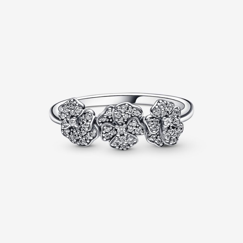 Sterling silver Pandora Triple Pansy Flower Statement Rings | XWBUJQ-938