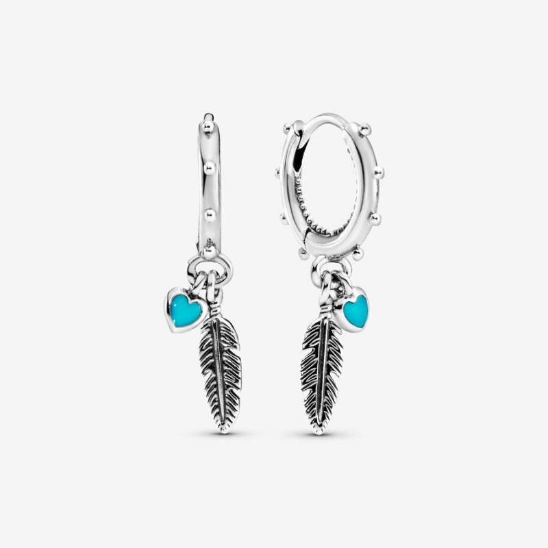 Sterling silver Pandora Turquoise Hearts Feather Drop Earrings | SJFEBT-407