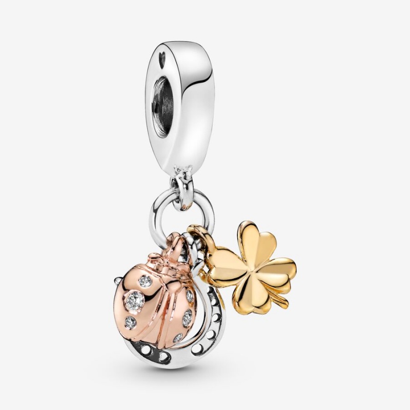 Tri-tone Pandora Horseshoe Clover & Ladybird Dangle Charms | NPQMWB-492