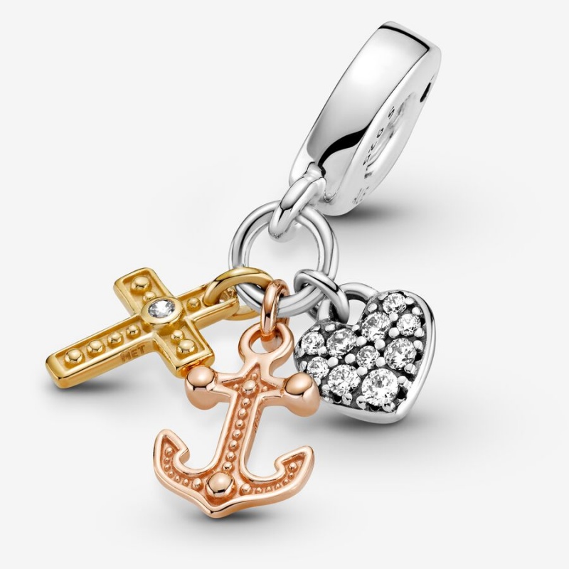 Tri-tone Pandora Triple-tone Cross Heart & Anchor Dangle Charms | OZBGFQ-078