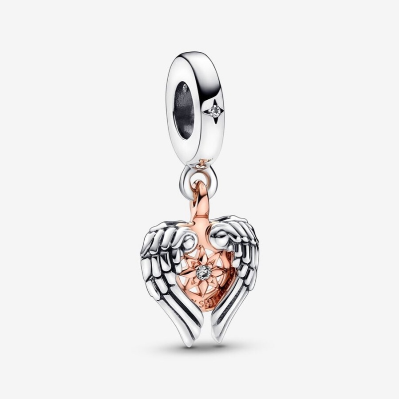 Two-tone Pandora Celestial Compass Angel Wings Dangle Charms | BIPJMD-152