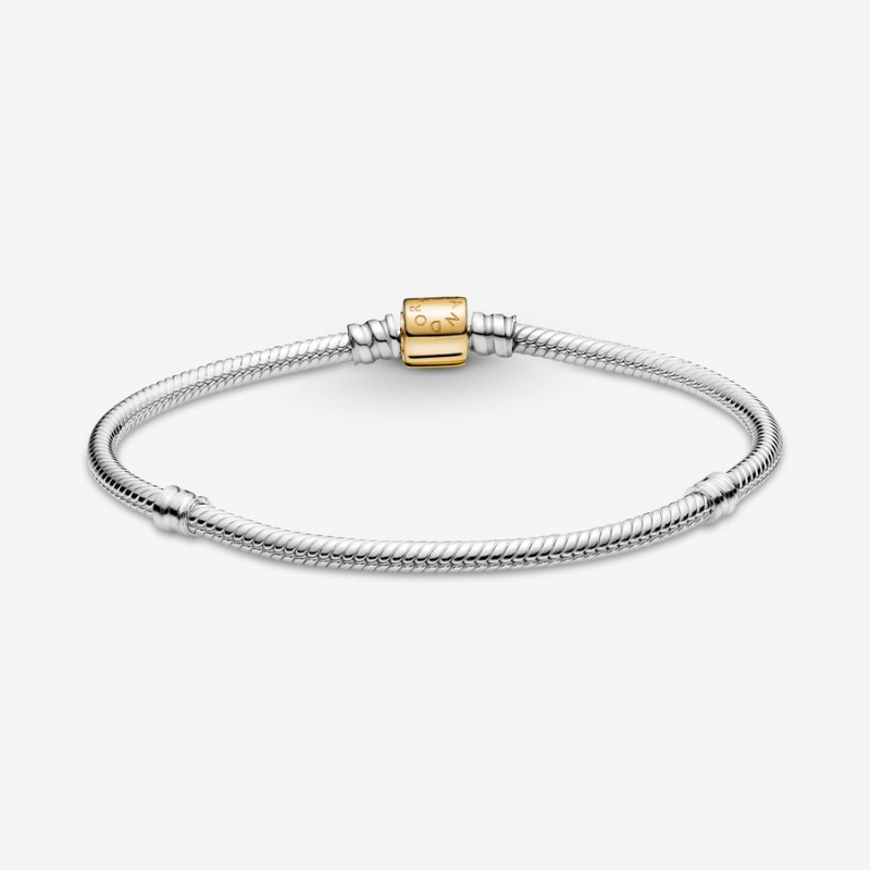 Two-tone Pandora Moments Barrel Clasp Snake Chain Bracelets | GQYOPV-051